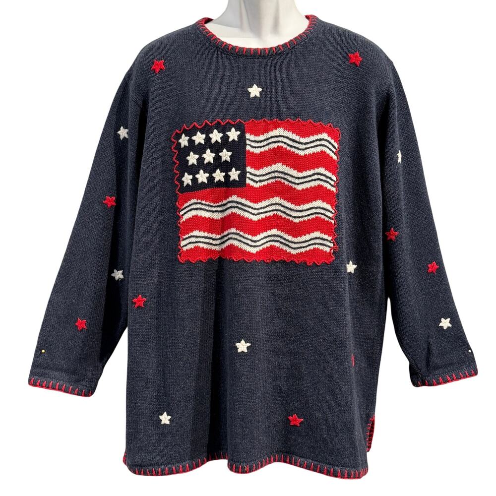 VINTAGE Y2K Quacker Factory Patriotic Fourth of July USA Teacher Sweater Sz 1X